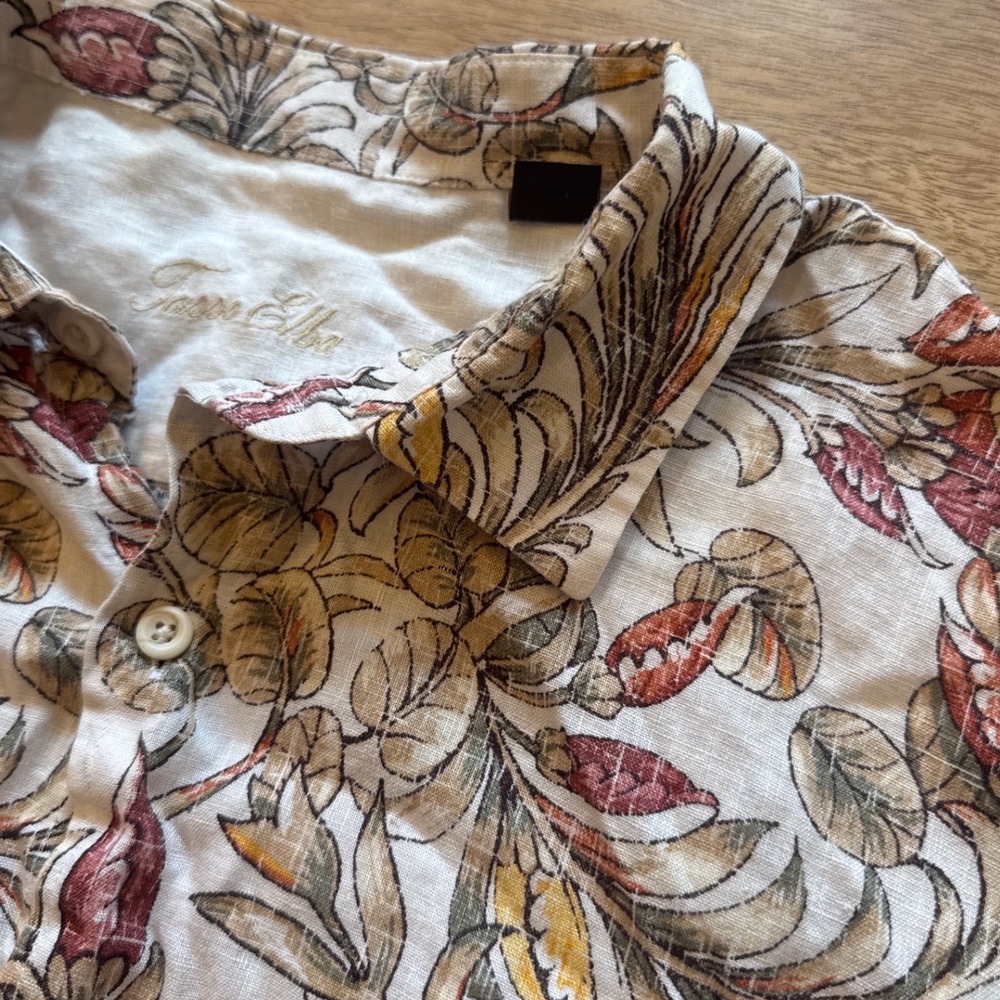 Tasso Elba Mens XL 100% Linen Short Sleeve Button Up Floral Botanical Shirt Tan